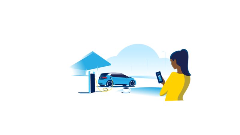 Illustration: Woman uploads her ID. Model traveling on the Autobahn at a fast charging station with a CCS plug.