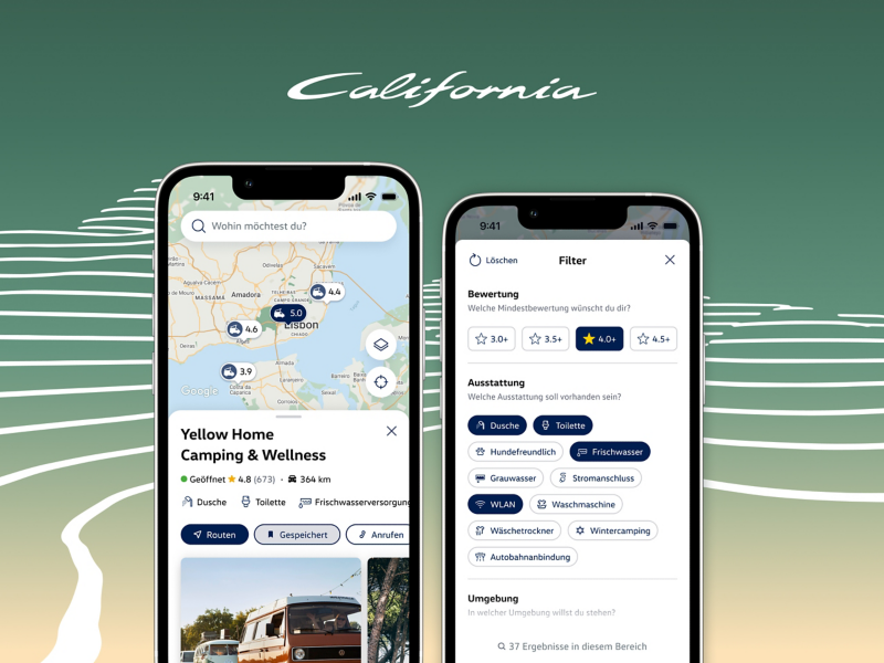 Ein Screenshot aus der California App zum Thema „Planen“ vor einem Hintergrund mit stilisierten Höhenlinien.