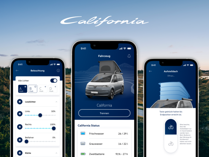Zwei Screenshots aus der California App zum Thema „How to & Info“ vor einem Hintergrund, auf dem man unscharf eine Küstenlandschaft sieht. 