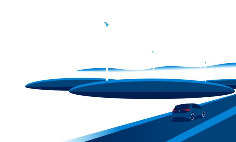 Illustrazione di una Volkswagen ID.3 che percorre una strada; sullo sfondo alcune pale eoliche.