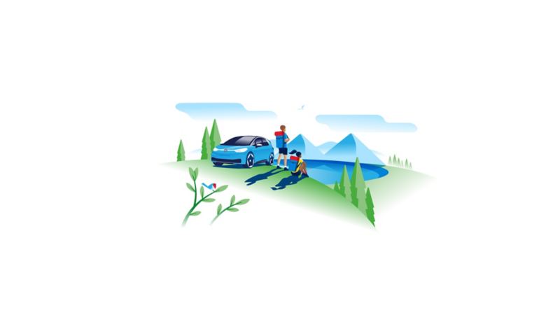 Illustrazione di due ragazzi in mezzo alla natura con la loro Volkswagen ID.3