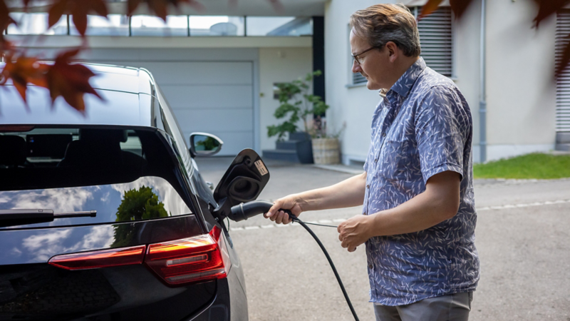 Christof Schmid steckt den ID.3 an seinen neu installierten ID. Charger an