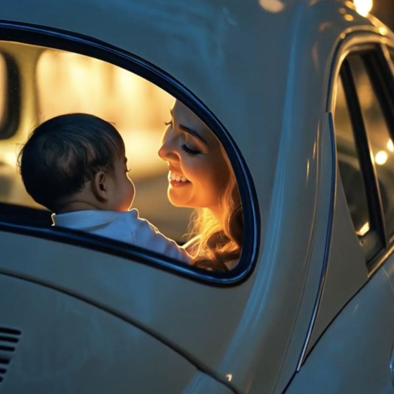 Mujer dentro de un Vocho con un bebé. Imagen creada con inteligencia artificial.