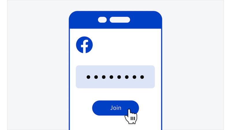 Illustration af en smartphoneskærm, hvorpå der ses et stiliseret Facebook-interface