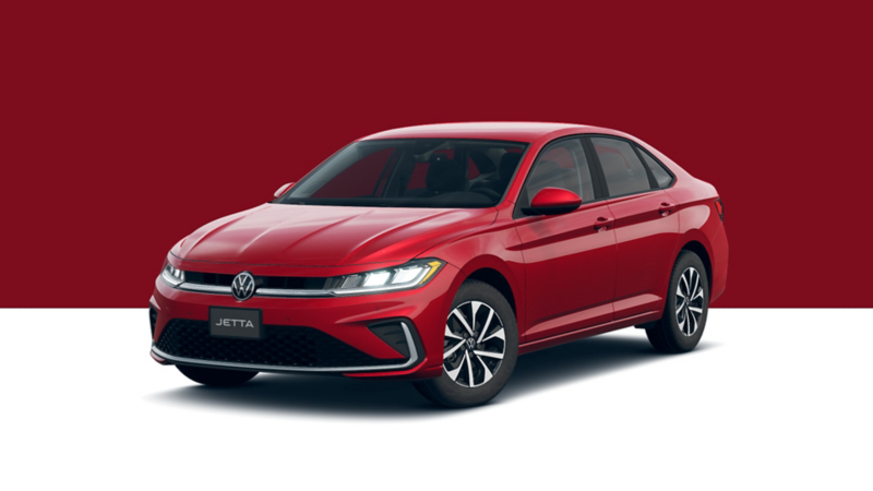 Volkswagen Jetta 2026 rojo sobre fondo rojo y blanco.
