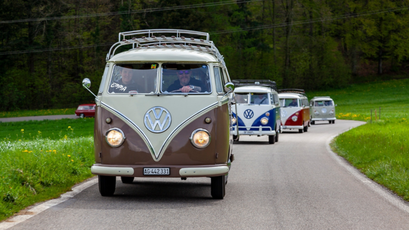 Mehrere VW Bullis auf einer Strasse