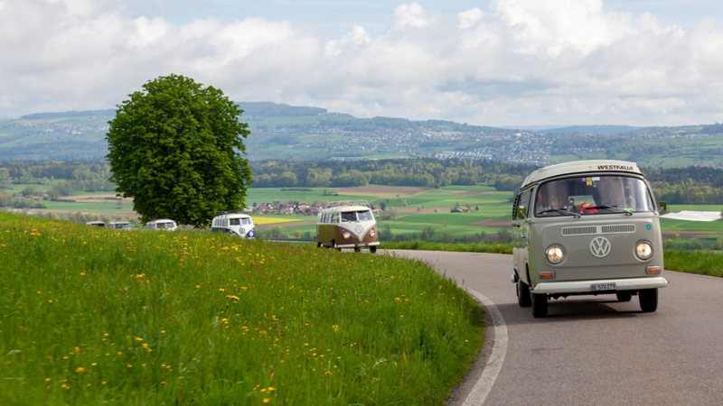 Mehrere VW Bullis fahren auf einer Passstrasse