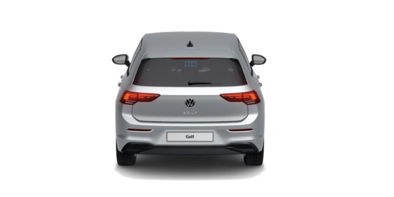 Volkswagen Golf 8 gris visto de atrás sobre fondo blanco