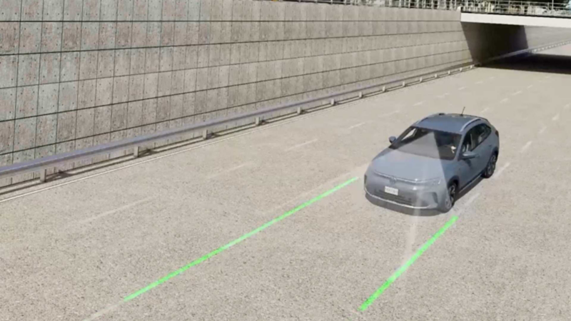 Render de auto Volkswagen que muestra funcionamiento de Lane Assist, mantenimiento de carril. 