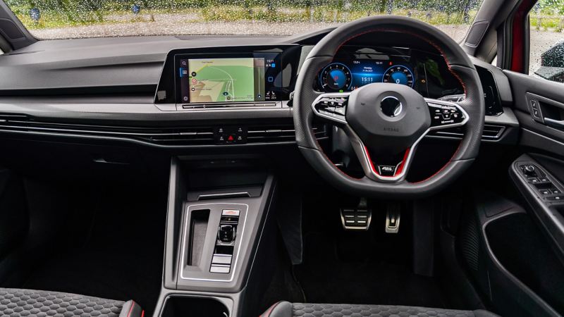 An interior shot of the front cabin of a Mk 8 VW Golf GTI Clubsport 45