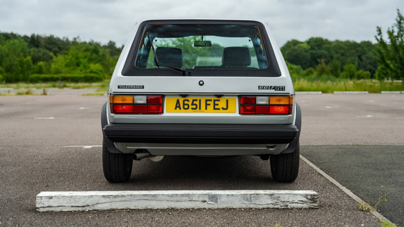 A rear shot of a silver Mk 1 VW Golf GTI 