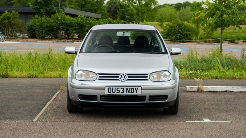 A head on shot of a silver Mk 4 VW Golf GTI