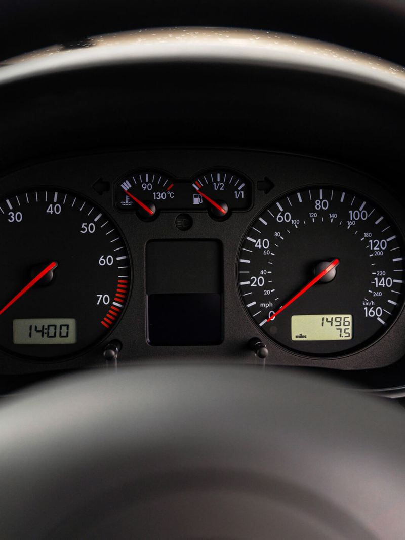A close up of the speedometer in a Mk 4 VW Golf GTI