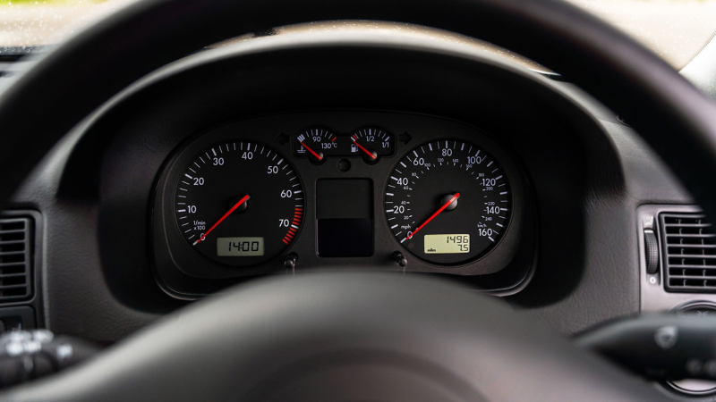 A close up of the speedometer in a Mk 4 VW Golf GTI