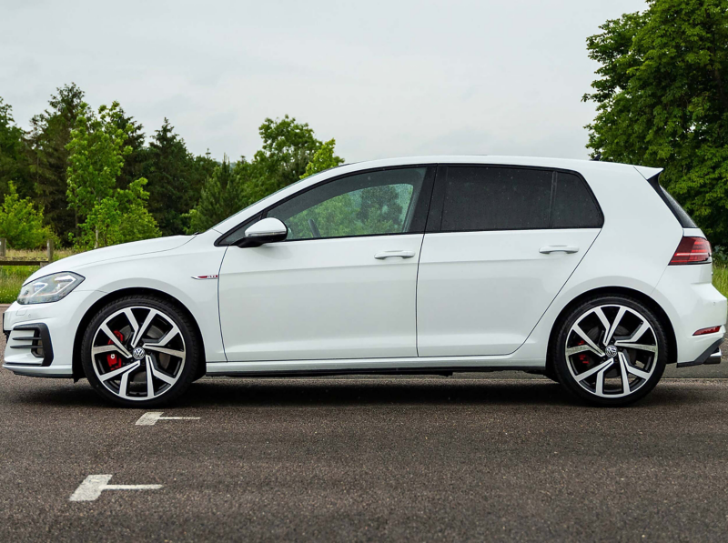 A side profile shot of a white Mk 7 VW Golf GTI