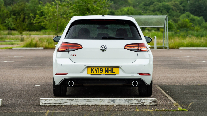 A rear shot of a white Mk 7 VW Golf GTI 