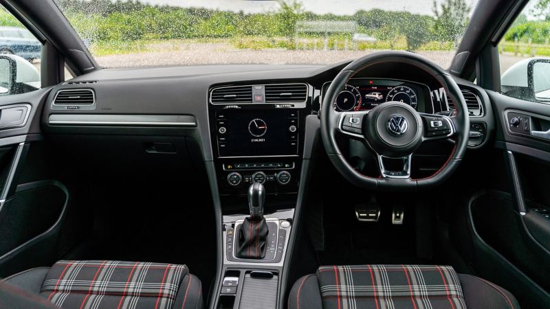An interior shot of the front cabin of a Mk 7 VW Golf GTI