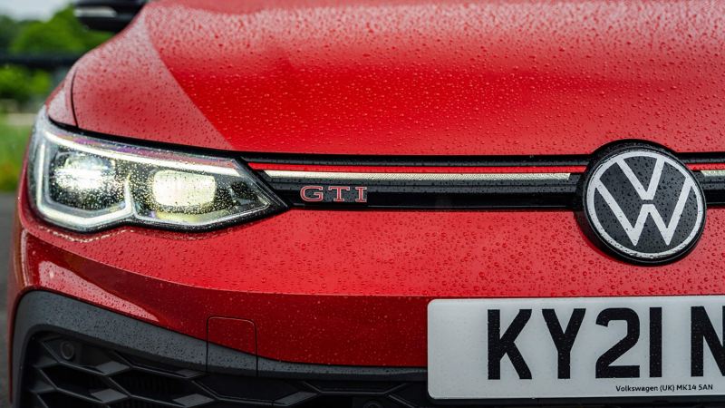 A close up of the front GTI logo and headlight on Mk 8 VW Golf GTI Clubsport 45