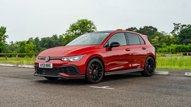 A front 3/4 shot of a red Mk 8 VW Golf GTI Clubsport 45