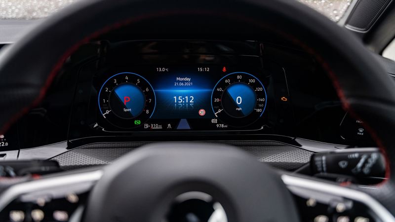 A close up of the speedometer in a Mk 8 VW Golf GTI Clubsport 45