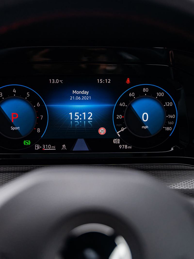 A close up of the speedometer in a Mk 8 VW Golf GTI Clubsport 45