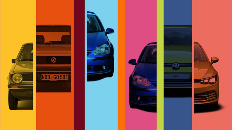 A collage of Volkswagen cars on a multicoloured background