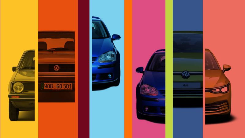 An abstract image showing different sections of VW Golf models through the years