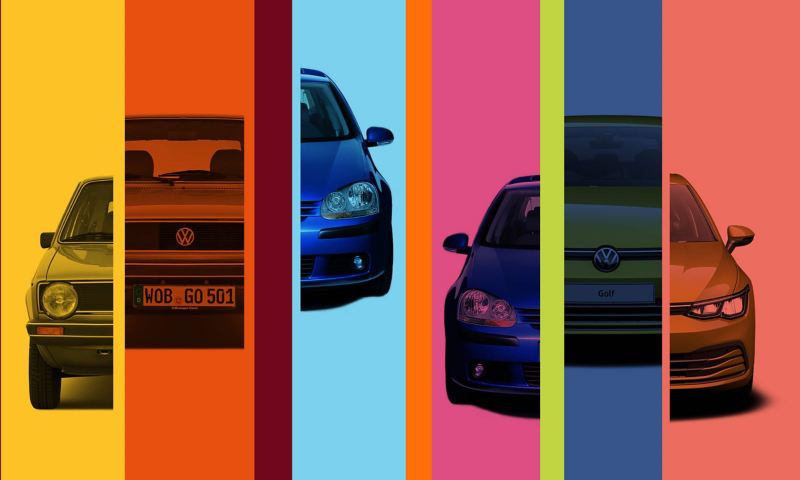 An abstract image showing different sections of VW Golf models through the years