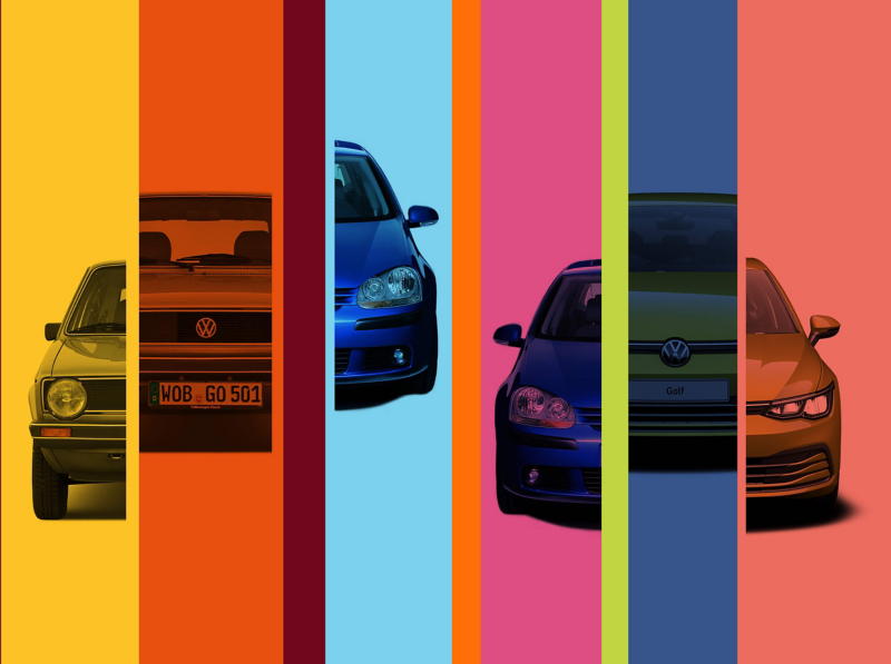 An abstract image showing different sections of VW Golf models through the years