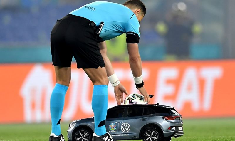 UEFA referee places football in tiny VW ID.4 before kick off