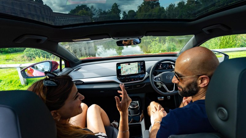 Couple inside a VW electric car