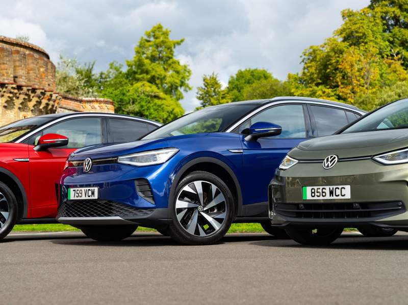 A line up of the VW electric range including ID.3 PA, ID.4, ID.4 GTX, & ID.5 GTX