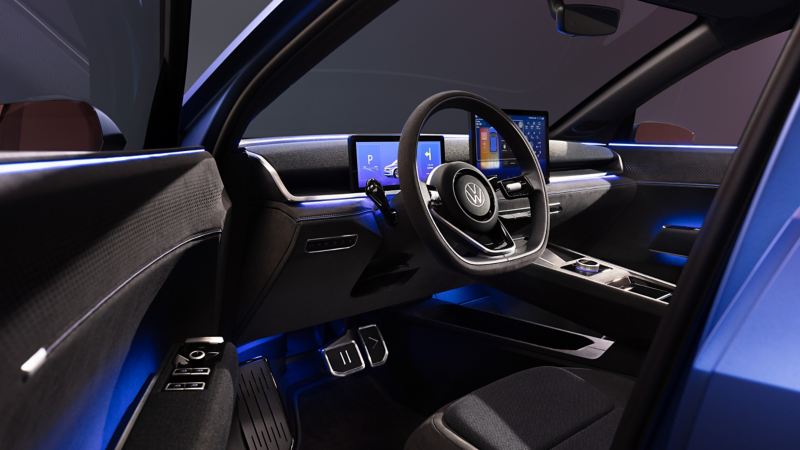 new ID. 2all concept in blue colour interior view with steering wheel
