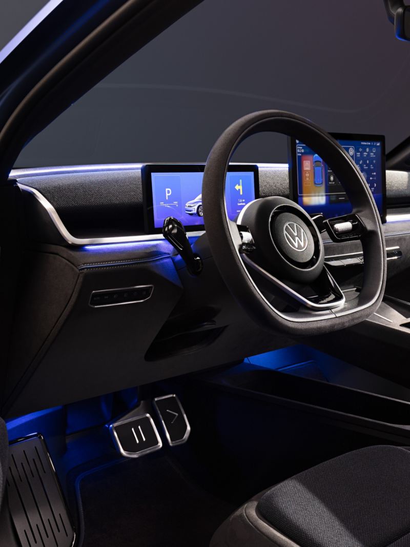 new ID. 2all concept in blue colour interior view with steering wheel