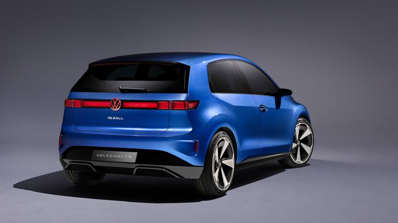 An ID. 2all concept car in blue colour rear and side view with alloy wheels