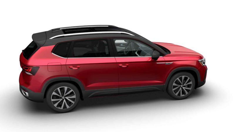 Volkswagen Taos en color rojo con techo negro. Camioneta SUV para 5 pasajeros.