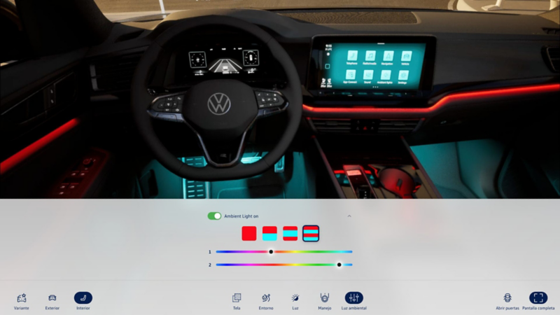 Interior de Volkswagen en Vista 3D con opciones de luz ambiental.
