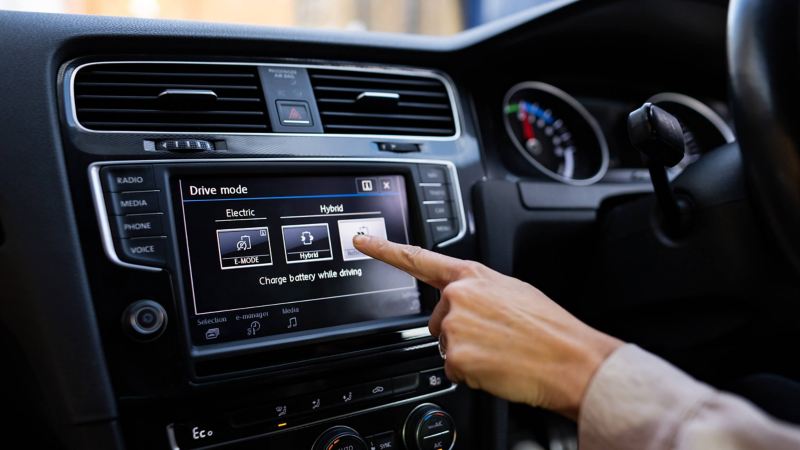 A detailed view of the front dash showing the touch screen whilst operating the drive mode