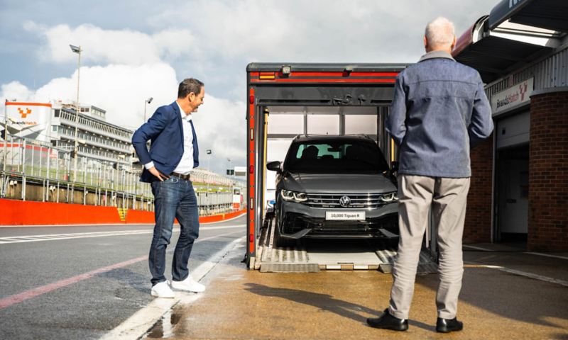 Trevor looking on as his new Tiguan R is delivered at Brands Hatch