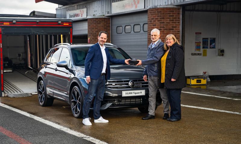 Trevor being presented with the keys to his new Tiguan R at Brands Hatch