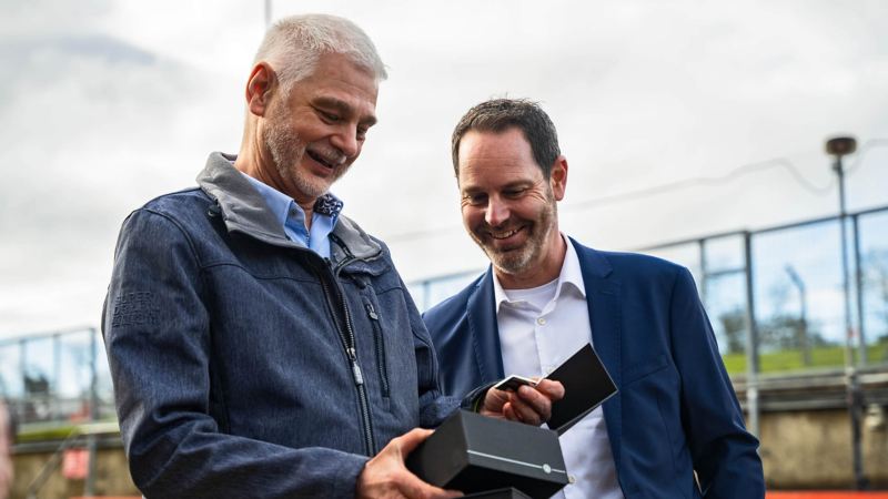 Trevor being presented with his new Tiguan R key