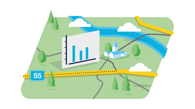 Illustration zeigt eine Route auf einer Landkarte mit Fluß und Straßen und einer Stadt.