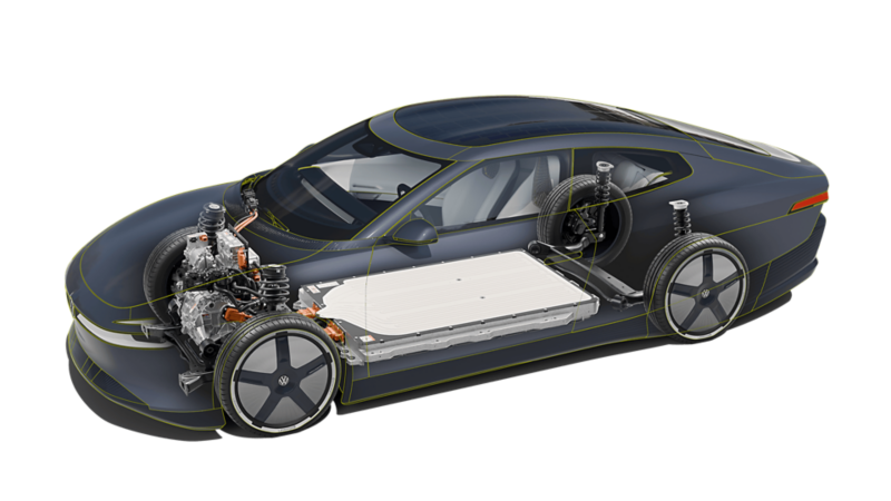 Volkswagen Mission Efficiency als transparente Schnittdarstellung mit Batterie, Antrieb und Fahrwerk.
