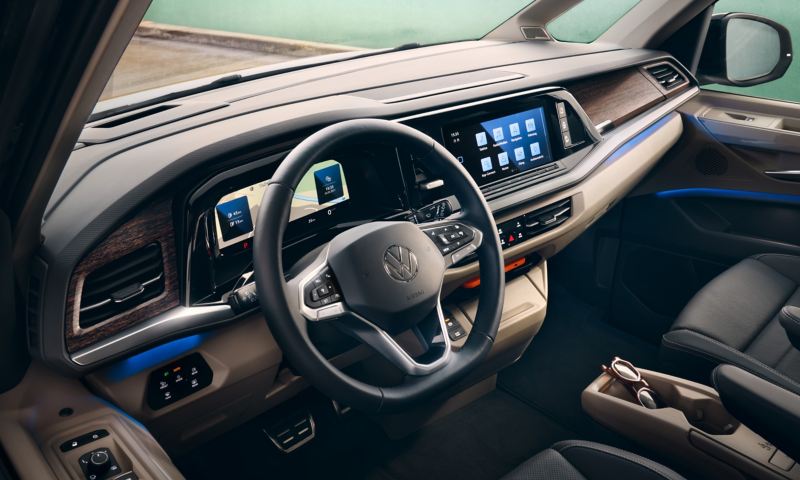 Interior shoot of a Multivan van showing the steering wheel and dashboard