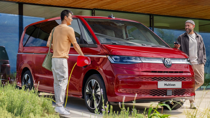 Red colour Multivan plug-in hybrid charging