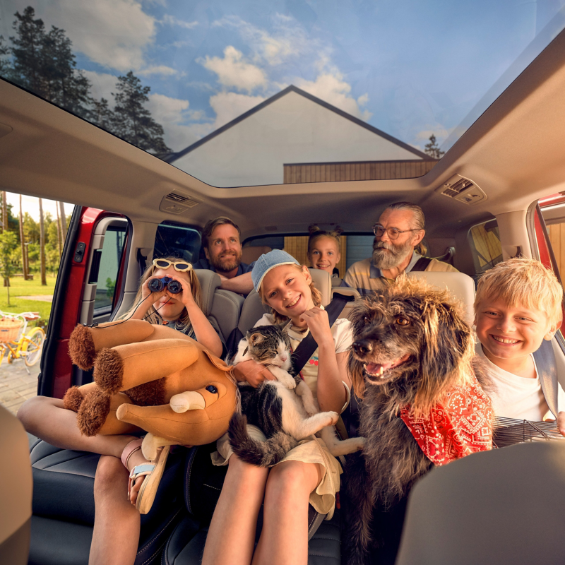 Eine Großfamilie mit Hund, Katze und Plüschtier sitzen in den hinteren zwei Sitzreihen eines VW Multivan.