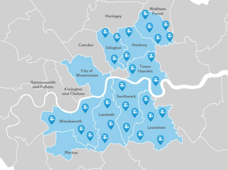 A map of London showing where to find Zipcar