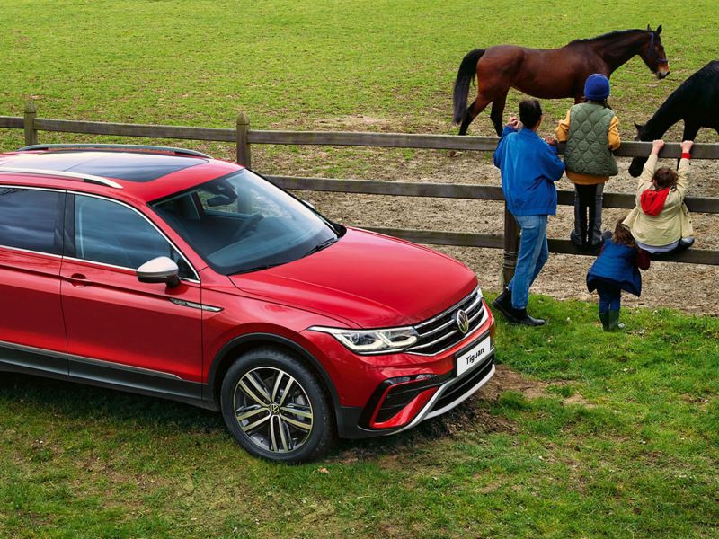 A red Tiguan Allspace Elegance with tinted rear windows is parked off-road by a horse paddock. 