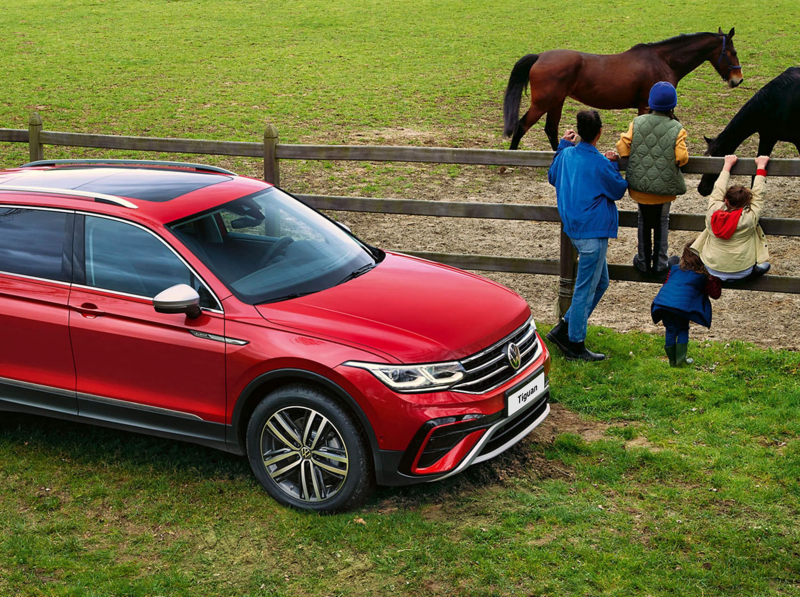 A red Tiguan Allspace Elegance with tinted rear windows is parked off-road by a horse paddock. 
