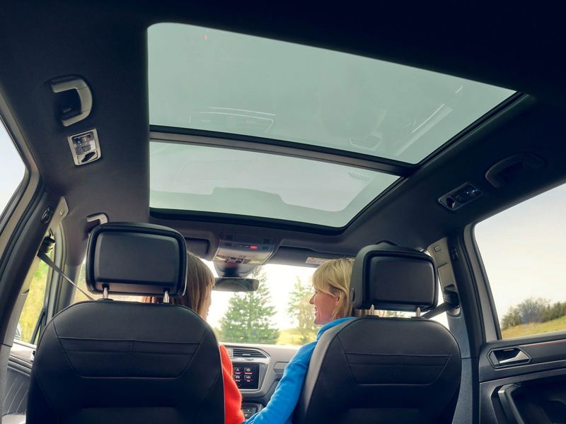 Looking up from the rear seats at the optional panoramic sunroof in the Tiguan Allspace R-Line.